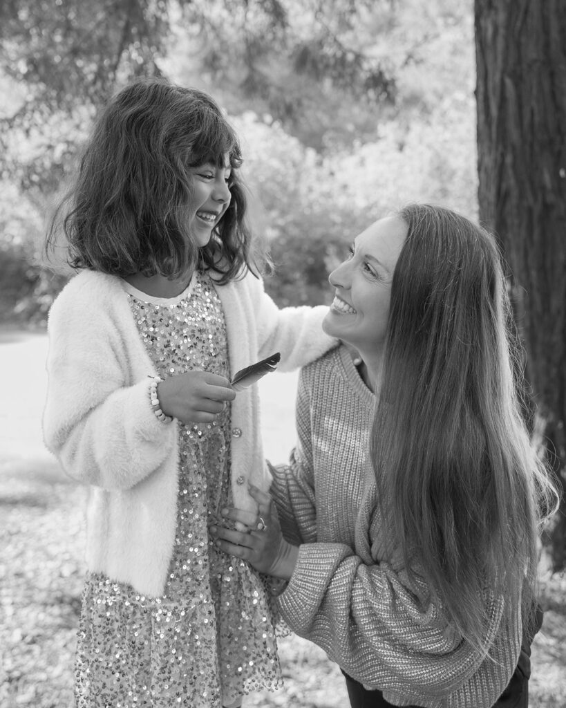 Black and white photo of a mother and daughter  together at Berkeley Tilden Park