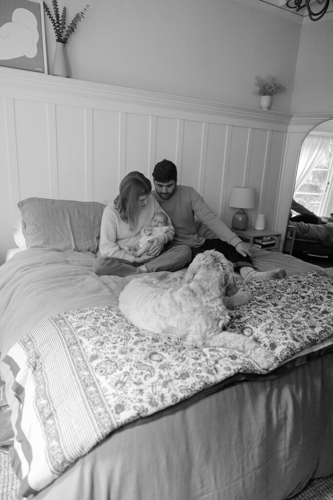 Black and white photo of a mother and father sitting on their bed with their newborn baby and dog