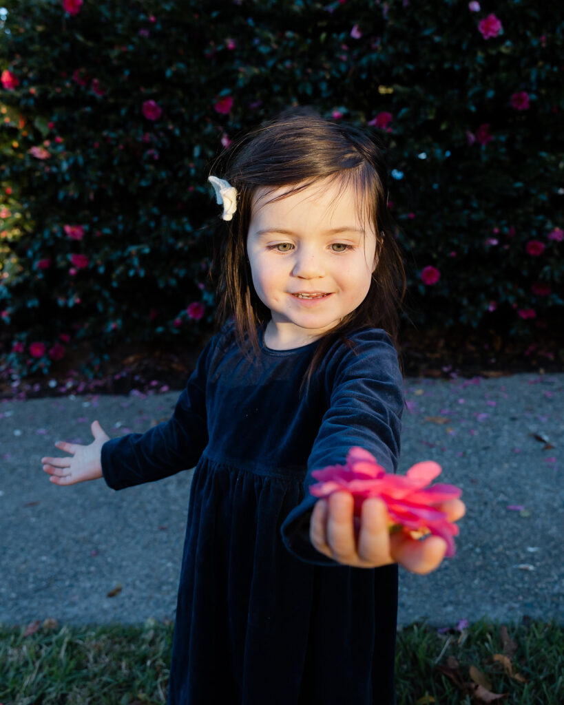 Little girl showing off a flower she picked
