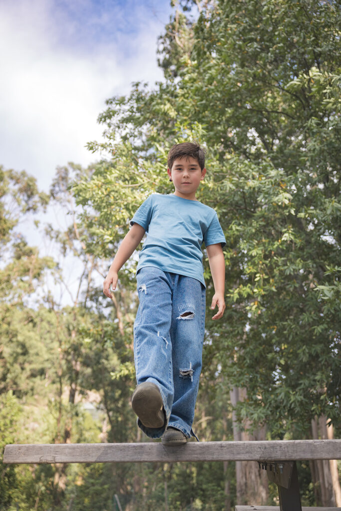 Little boy about to step off of a park bench