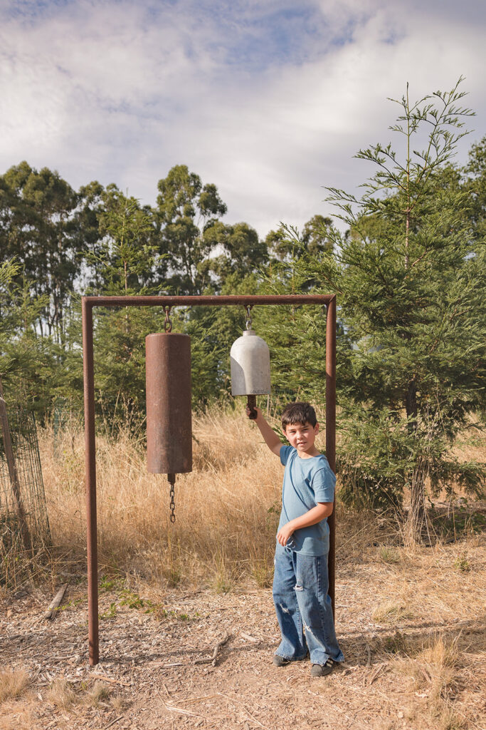 Little boy checking out bells in Sibley Regional Park in Oakland CA