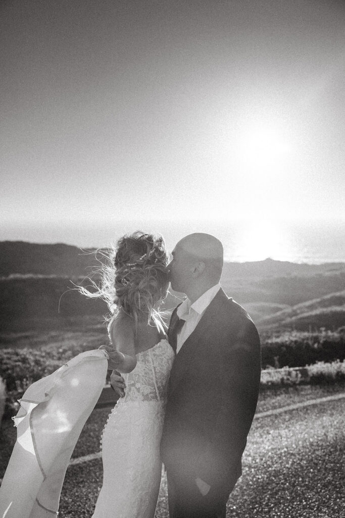 Black and white photo of a couples with ocean views