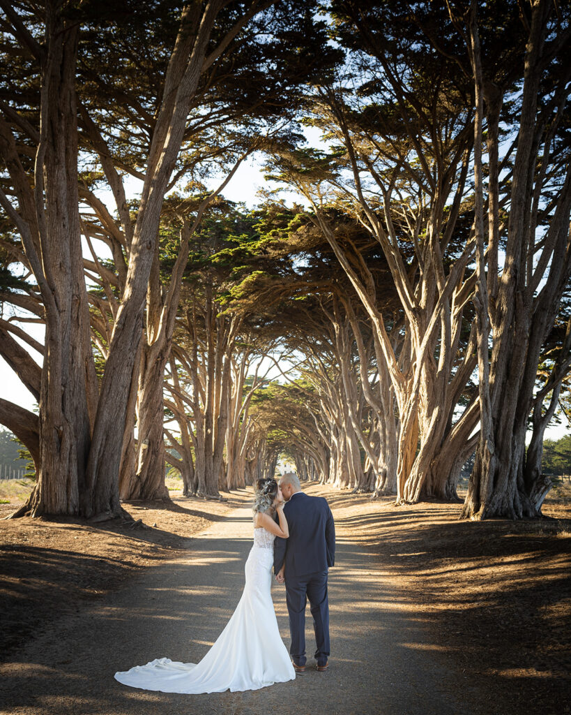 Couples standing in the Cypress Tree Tunnel in Point Reyes