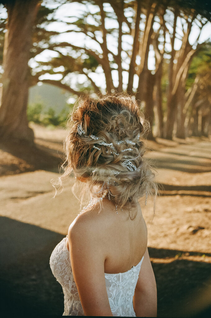 Close up shot of a brides hair for her intimate elopement captured on 35mm film