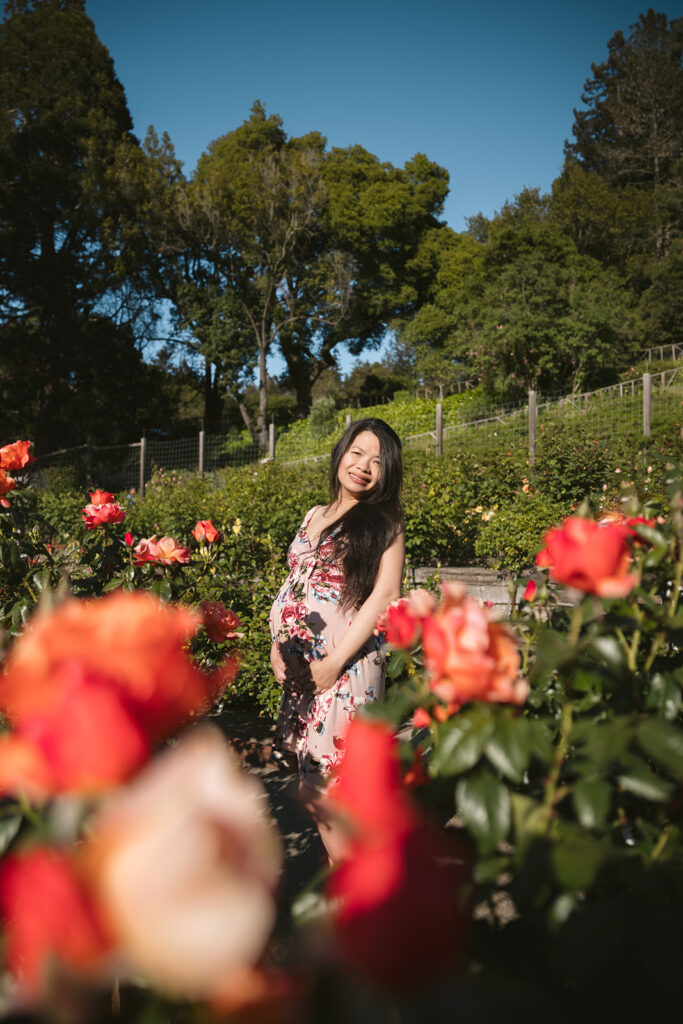 Pregnant woman posing for photos at Berkeley Rose Garden for her East Bay maternity photography session