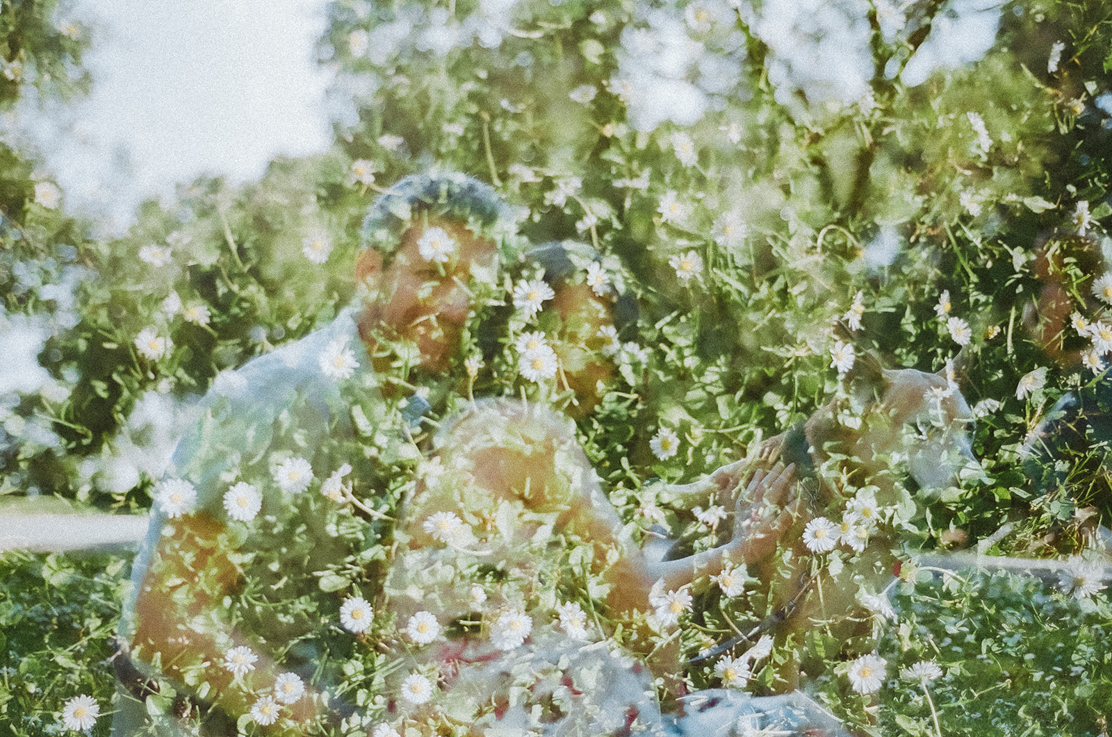 Double exposure image of a couple and their dog at a Berkeley Park for their East Bay maternity photography session captured on 35mm film