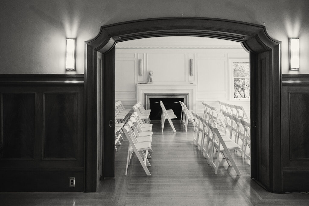 Black and white photo of an at-home East Bay wedding ceremony space