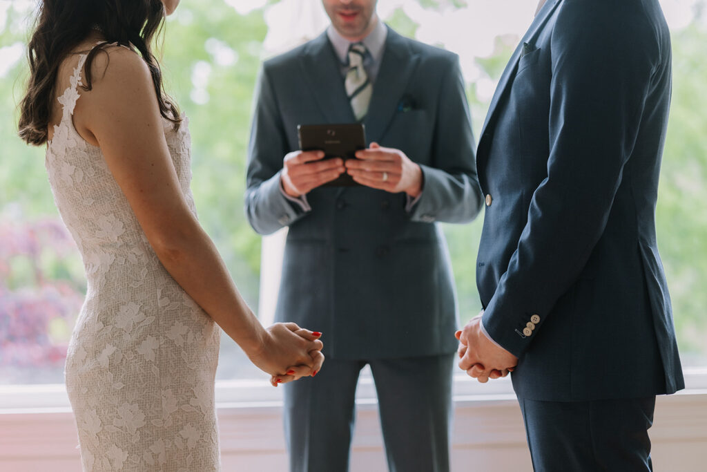 Bride and groom during their intimate at-home East Bay wedding ceremony in Berkeley, California