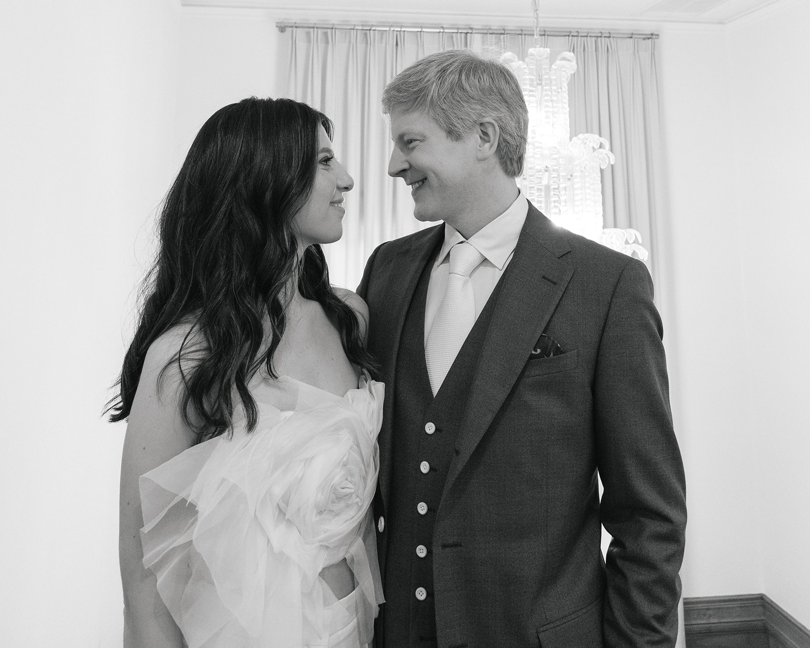 Black and white photo of a bride and groom from their intimate at-home East Bay wedding in Berkeley, California