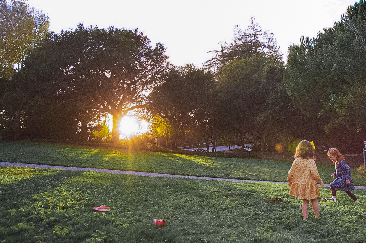 Little girls playing in an open field during sunset captured on 35mm film