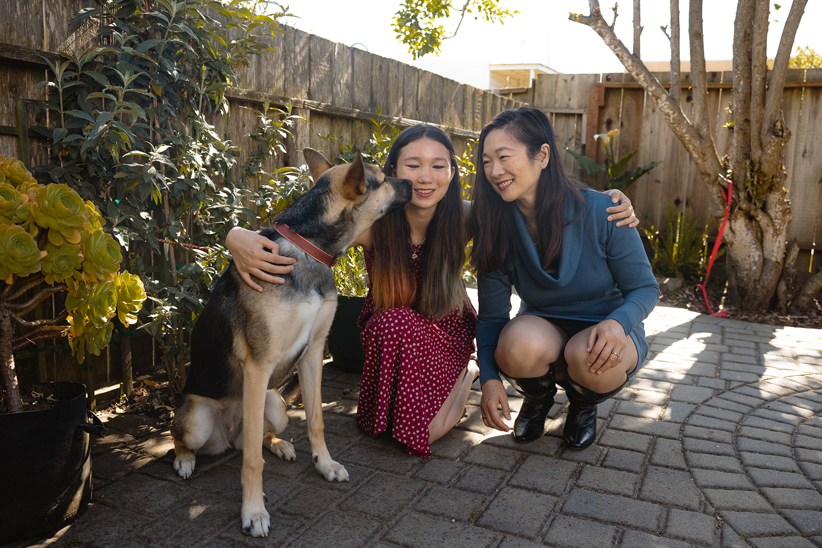 Mother and daughter posing with their dog for their at-home family photos in San Francisco