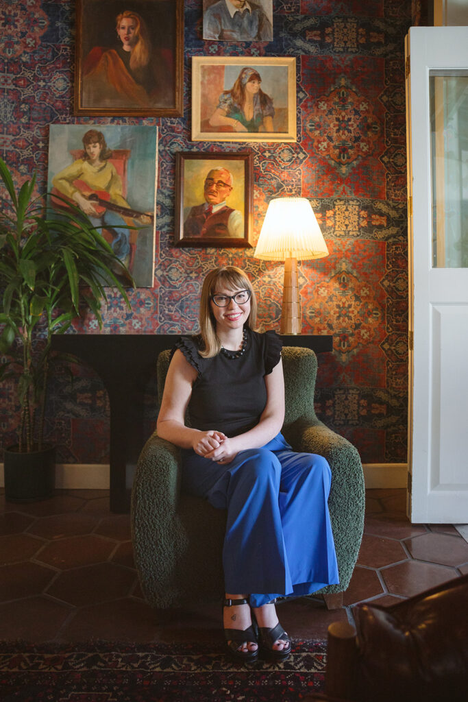 Woman posing for her creative brand photoshoot at The Graduate Hotel in Berkeley, California