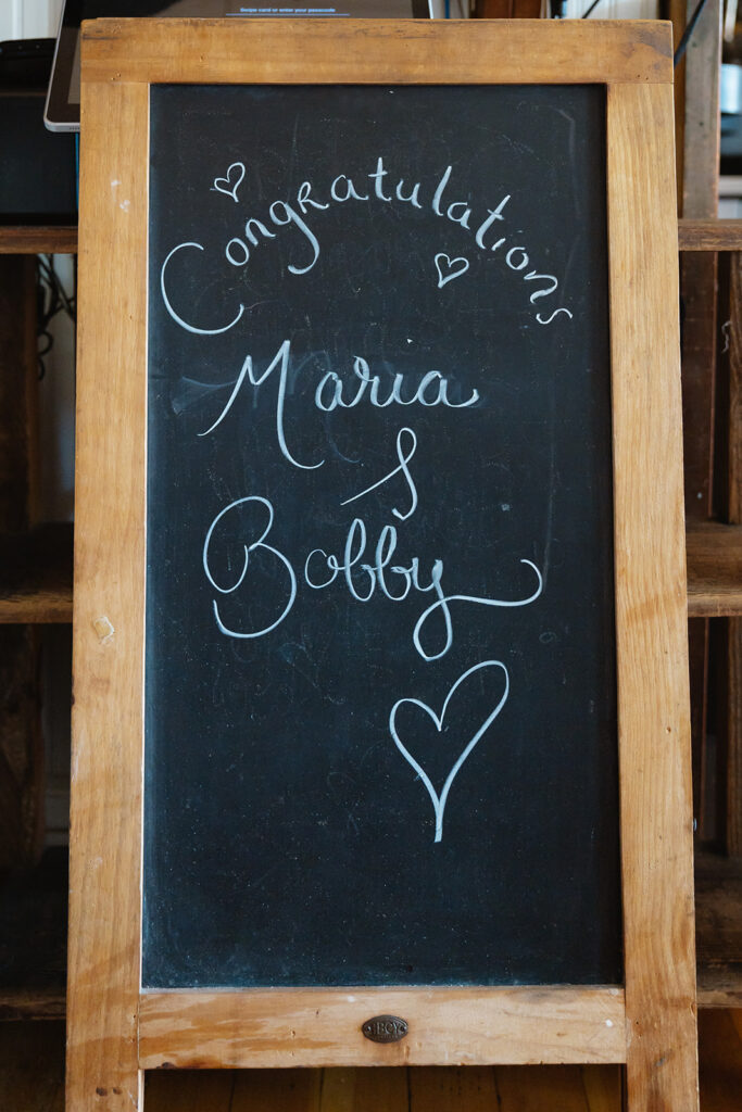 Sign that says congratulations Marie and Bobby