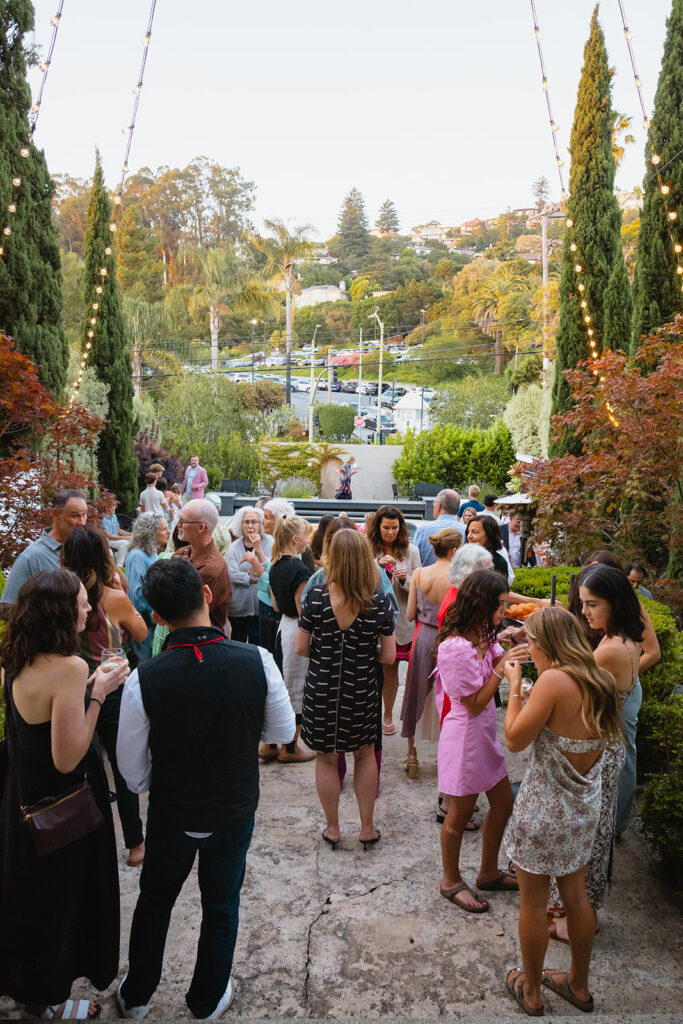 Guests mingling during a Berkeley welcome wedding gathering