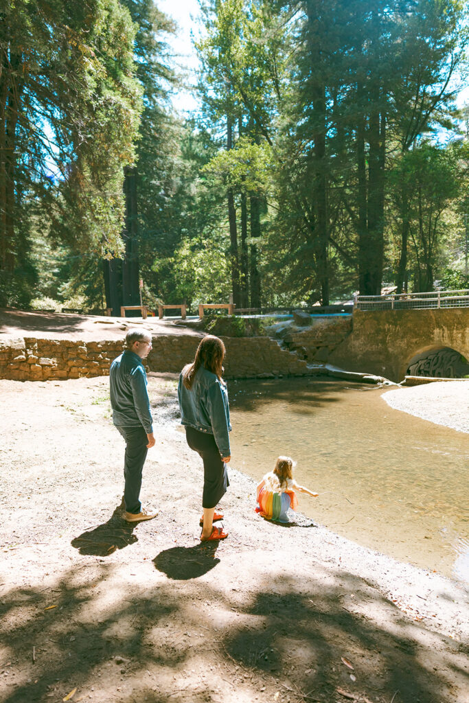 Family exploring the creek at Old Mill Park during outdoor maternity photos in Marin.