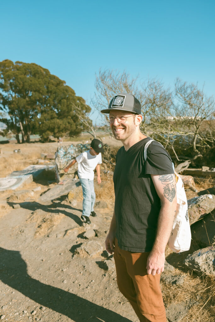 Father and son walking around Albany Bulb together. 
