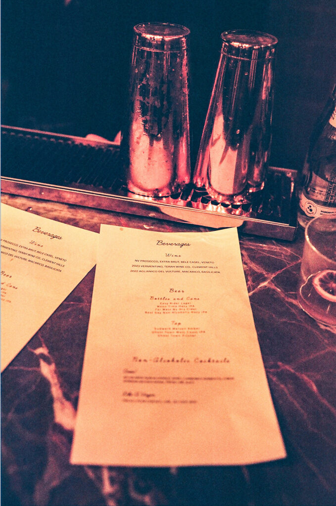 Film photo of the wedding reception menu at Fiorella in San Francisco.