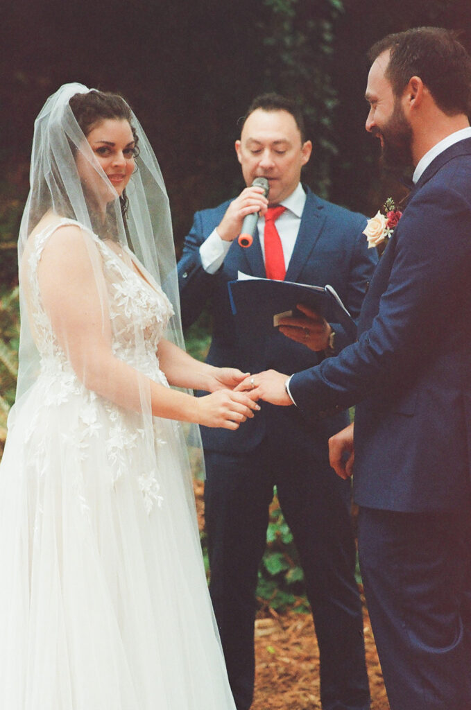 Film photo of a San Francisco Botanical Garden wedding ceremony in Redwood Grove.