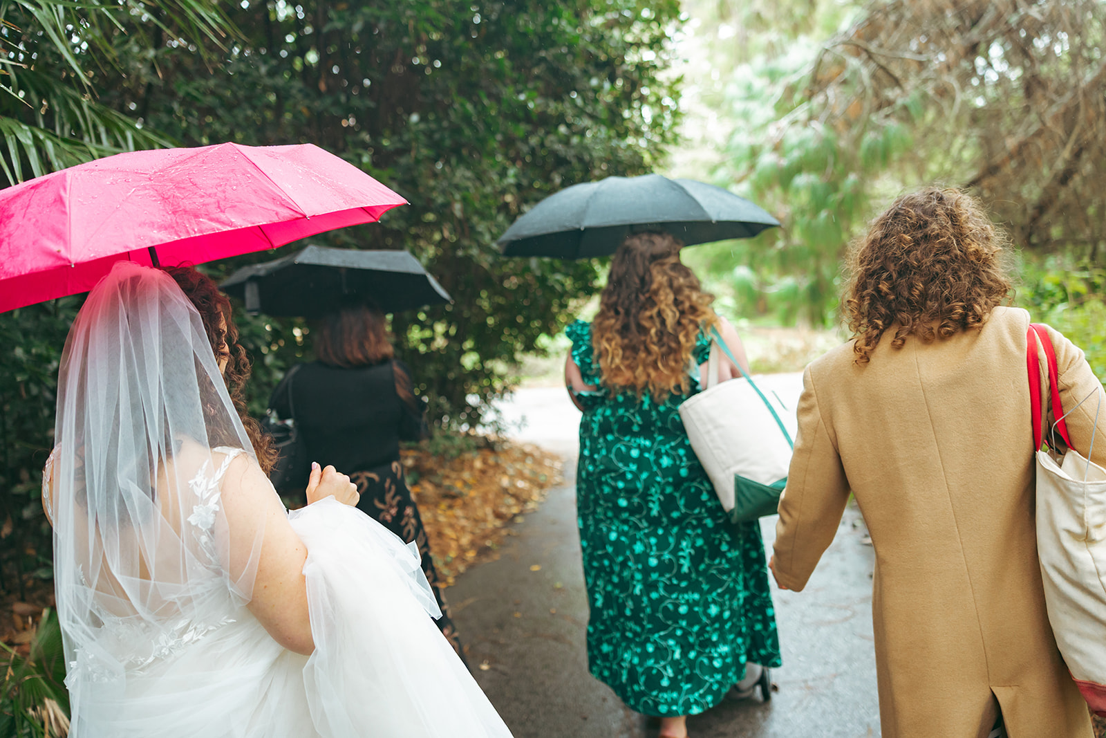Candid photo of a bride and family walking to her San Francisco Botanical Garden wedding ceremony.