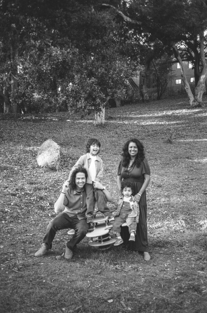 Black and white 35mm film photo of a family at John Hinkel Park in North Berkeley.