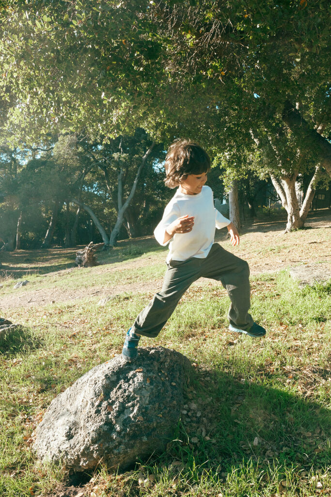 Little boy jumping off of a rock at John Hinkel Park in East Bay.
