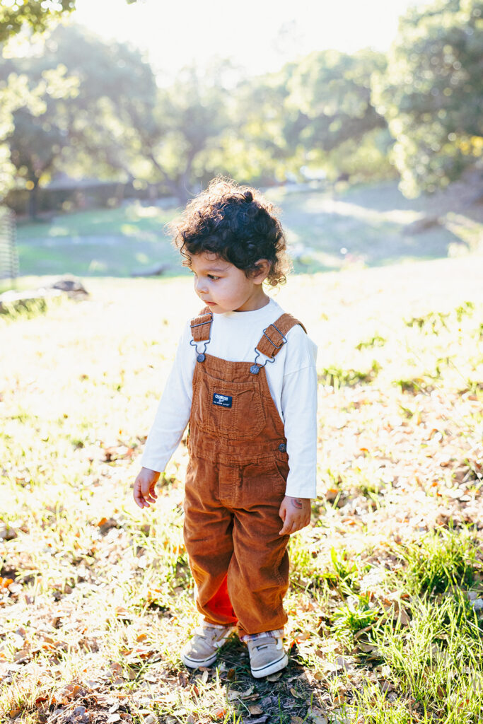 Little boy standing in an open grassy area.