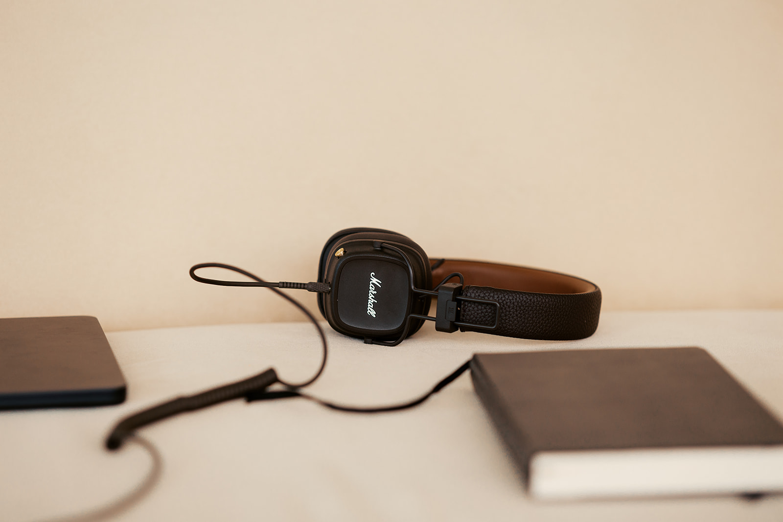 Headphones styled on a table for a branding photoshoot in the Bay Area.
