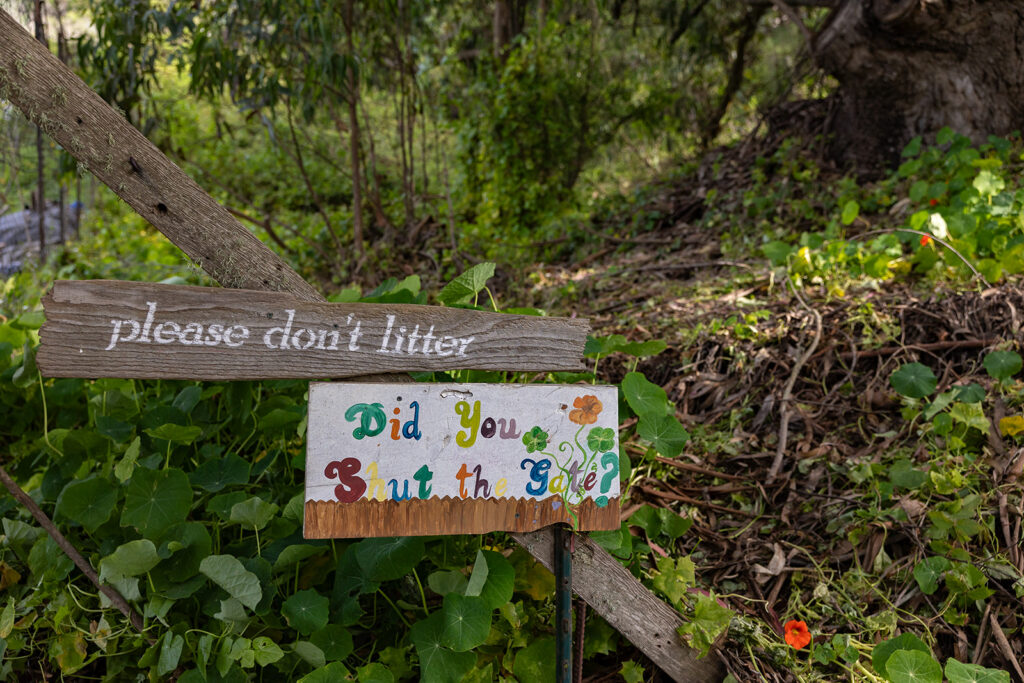 Sign that says please dont litter and did you shut the gate at Slide Ranch in Muir Beach, CA.