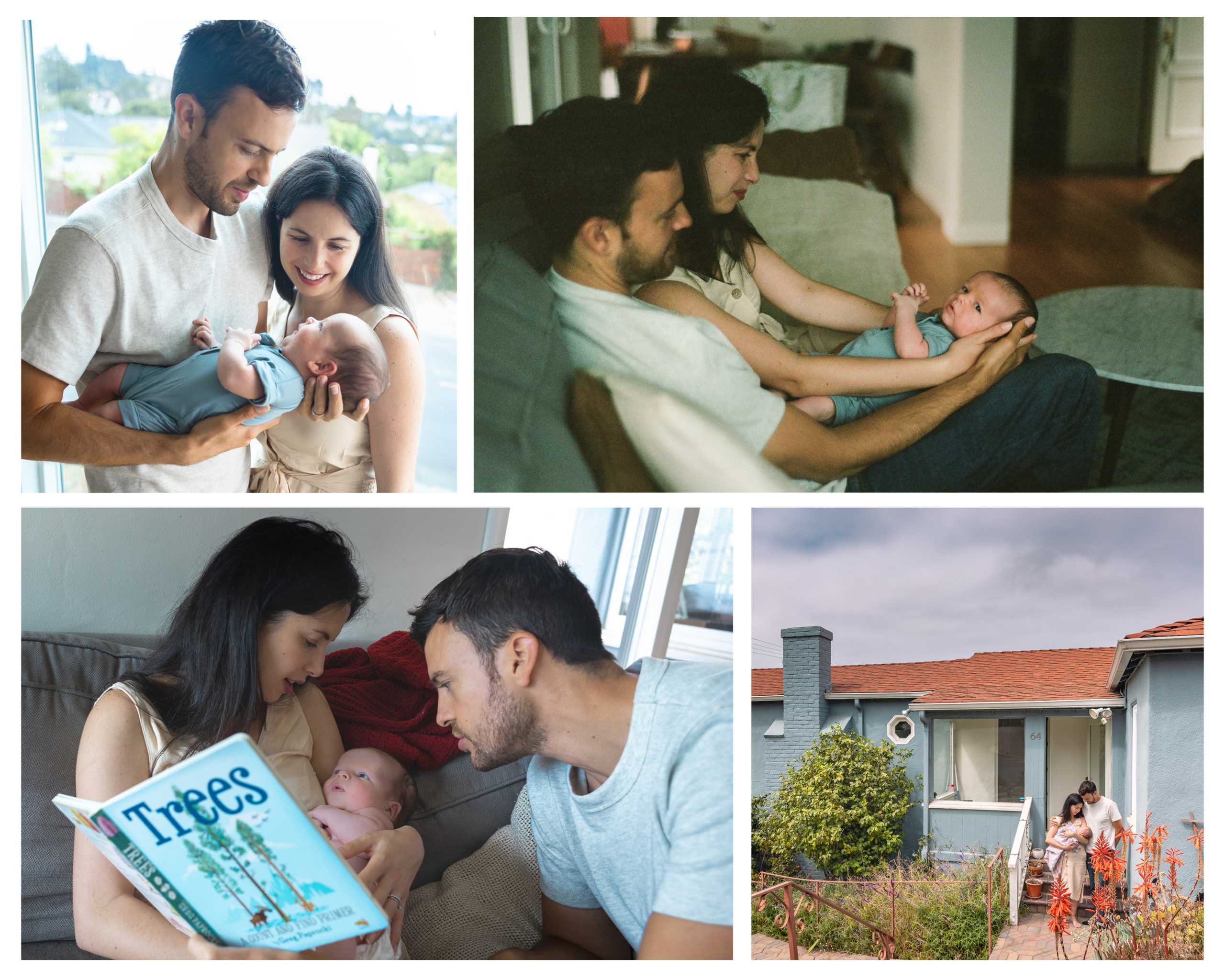 Collage from an at-home newborn session in Kensington, East Bay, showing first-time parents holding their baby, reading together on the couch, cuddling indoors, and standing outside their home.