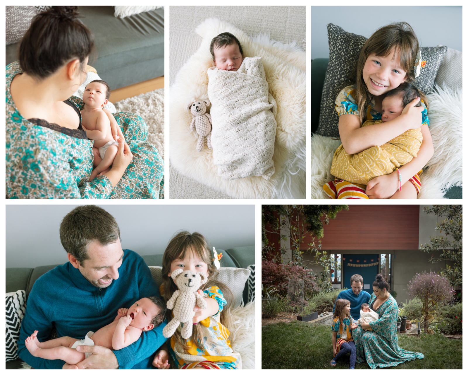Collage from an at-home Oakland Hills newborn session showing a mother holding her baby, a swaddled newborn portrait, big sister cuddling the baby, family moments on the couch, and the family of four outside their home.
