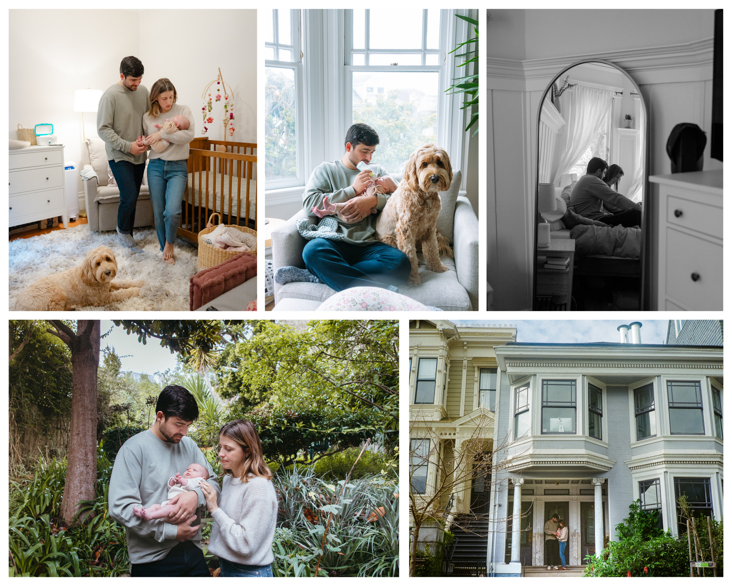 Collage from an at-home San Francisco newborn session showing first-time parents with their baby boy in the nursery, living room, and bedroom, along with their family dog and outdoor portraits near their home.