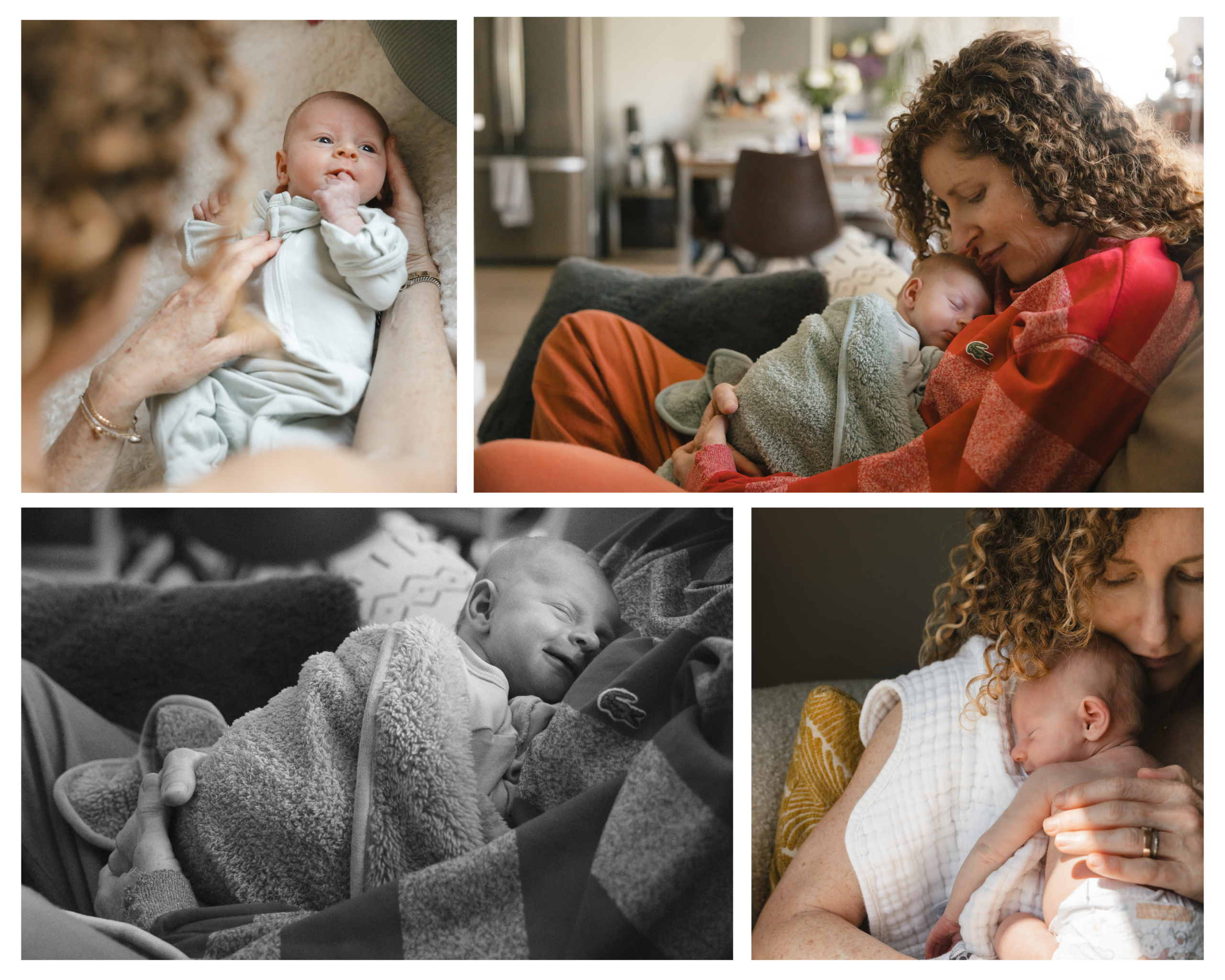 Collage from an at-home San Francisco newborn session showing a mother cuddling her baby on the couch, close-up newborn portraits, and quiet skin-to-skin moments together.