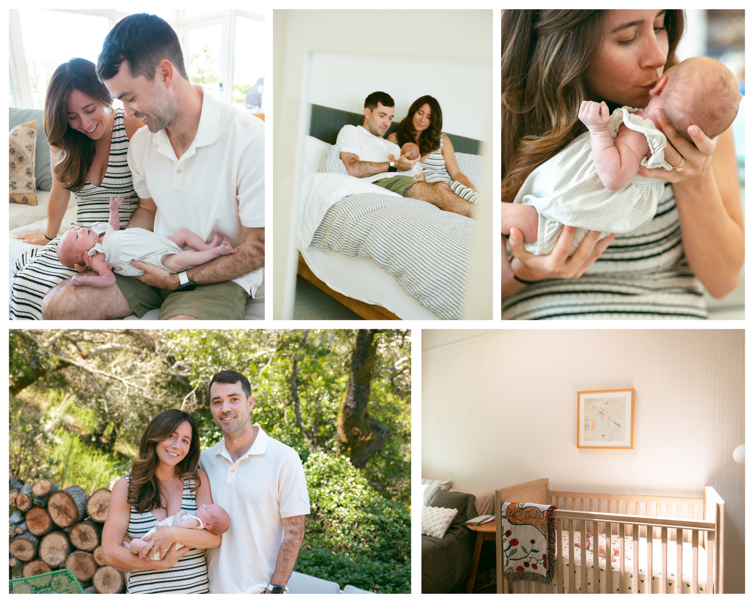 Collage from an at-home San Francisco newborn session showing parents cuddling their baby girl indoors, mom kissing the baby, family portraits outside, and the newborn resting in her sunlit nursery.