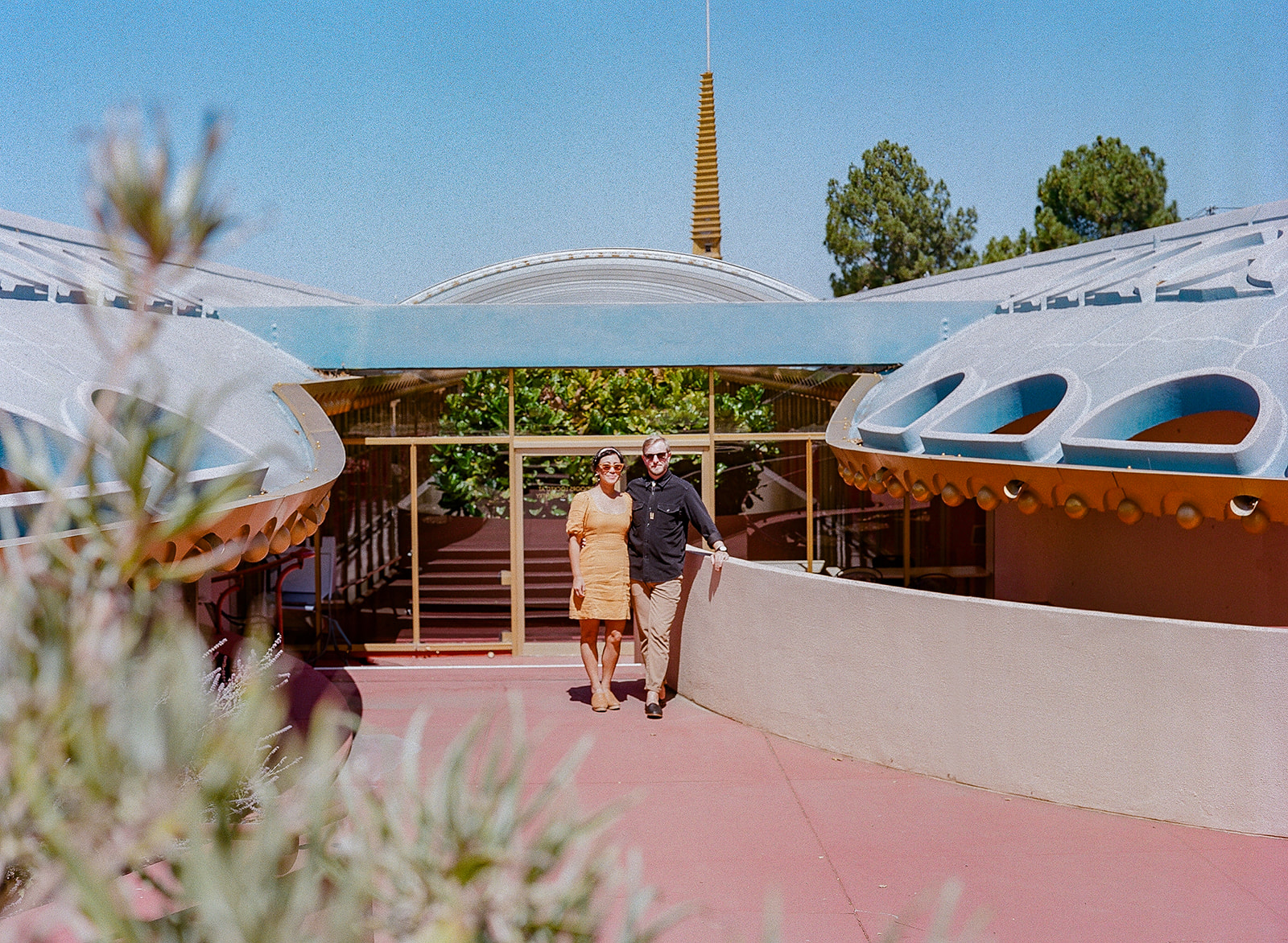 Couple standing outside of Marin County Civic Center on 35mm film for their Bay Area engagement photos.